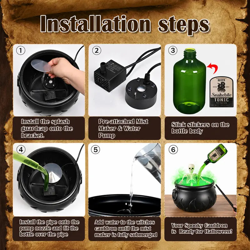 Halloween Cauldron Decor Set – Glow Bottles & Fog Effect