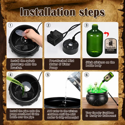 Halloween Cauldron Decor Set – Glow Bottles & Fog Effect