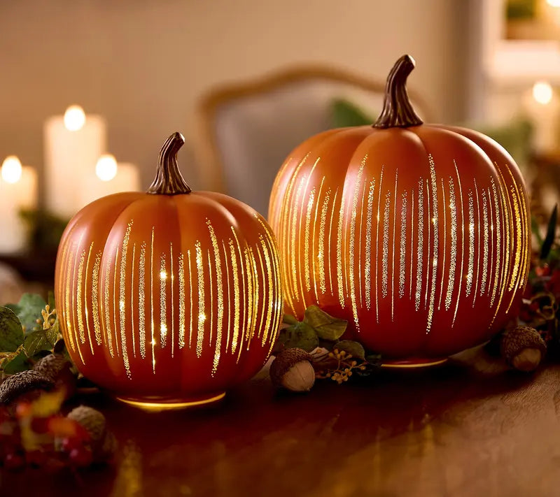 2 Illuminated Starry Night Glass Pumpkins