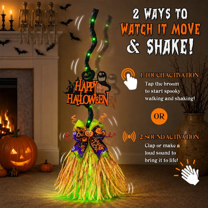 Led Motion-Activated Musical Halloween Witch Broom Decor