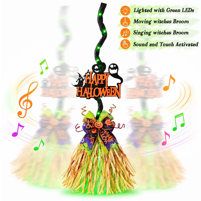 Led Motion-Activated Musical Halloween Witch Broom Decor
