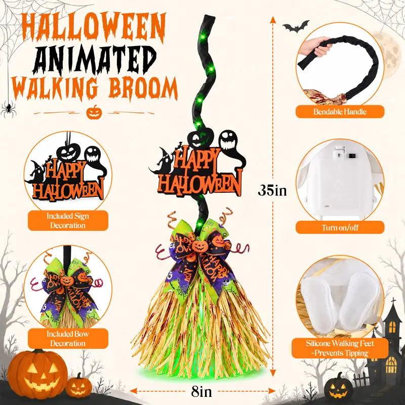 Led Motion-Activated Musical Halloween Witch Broom Decor