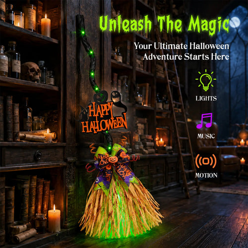Led Motion-Activated Musical Halloween Witch Broom Decor